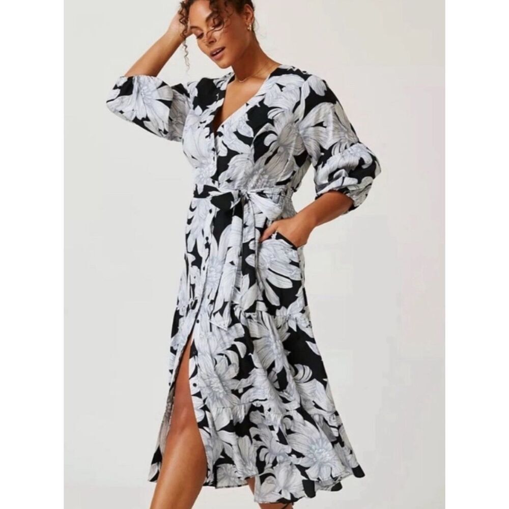 Anthropologie maeve puff sleeve midi dress black and white floral size 4